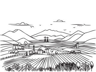 Fototapeta premium Farm fields landscape with Industrial buildings. sketch. Farm building, village mascot, rural scene icon vector illustration