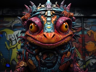 Fototapeta premium A vibrant, stylized creature with colorful scales and mechanical elements, set against a graffiti backdrop, exuding a whimsical yet fierce personality.