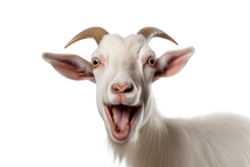 Close up of a white goat with horns and open mouth against a transparent background looking at the viewer png