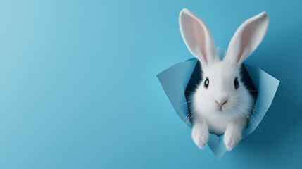 Obraz premium 3D rabbit head breaking through blue wall with copy space