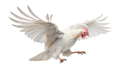 Obraz premium A white chicken flapping its wings with a red comb in front of a transparent background in a studio shot png