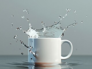 Water Splashing Into White Cup on Calm Surface in Soft Light