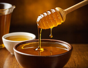 Honey Dripping into Rich Wooden Bowl
