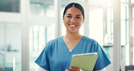 Woman, portrait and nurse with tablet in hospital for scheduling, telehealth and online advice for healthcare service. Surgeon, medical professional and Asian female physician with digital tech