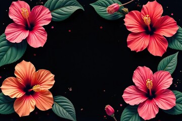 Bold, vibrant hibiscus pattern on a black background, stylish, colorful