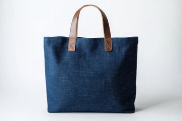 A classic blue tote bag with leather handles stands against a white backdrop, showcasing minimalist design and durable materials.