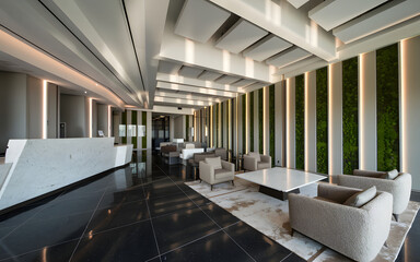Visualize A High-End 16:9 Real-Estate Office Lobby: Black Polished Porcelain Tiles