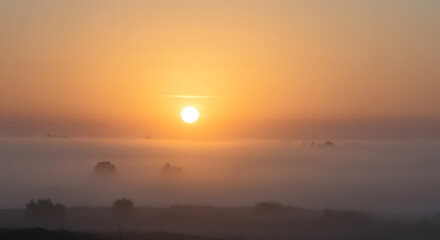 Obraz premium Sunrise over Foggy Landscape with Trees Silhouetted at Dawn