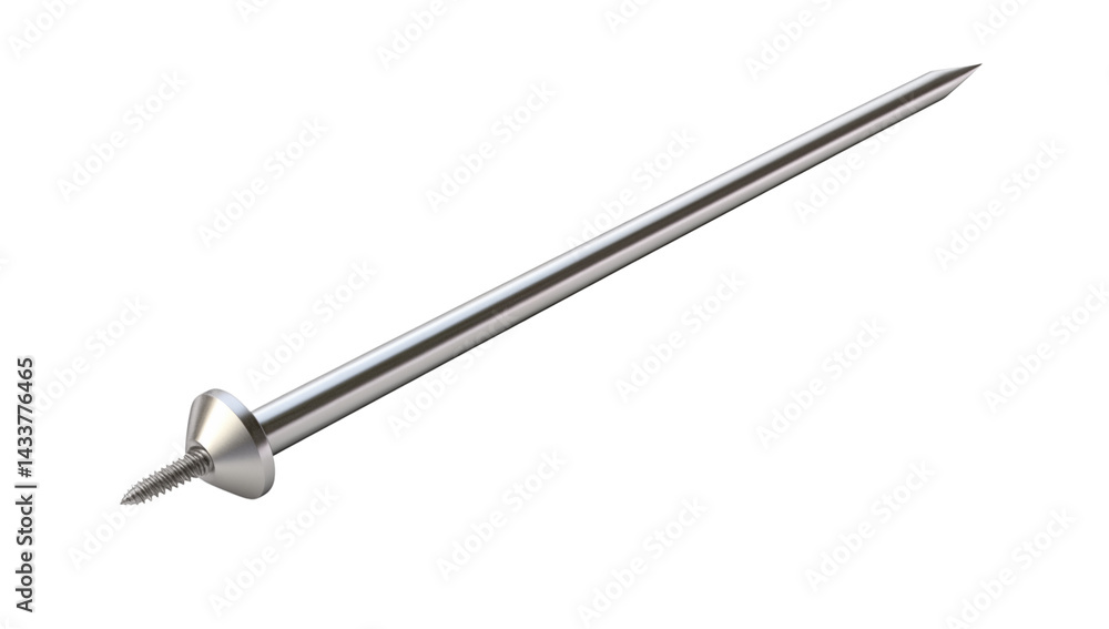Poster close up of a long metal spike with a sharp point on a transparent background in a studio setting li