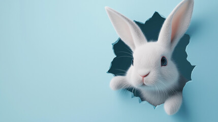 Obraz premium 3D rabbit head breaking through blue wall with copy space