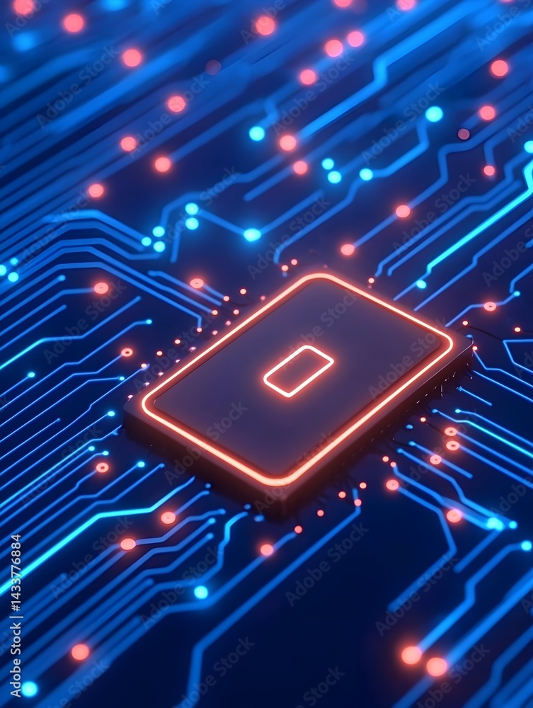 Poster a glowing microchip rests on a circuit board, illuminated with blue and red nodes