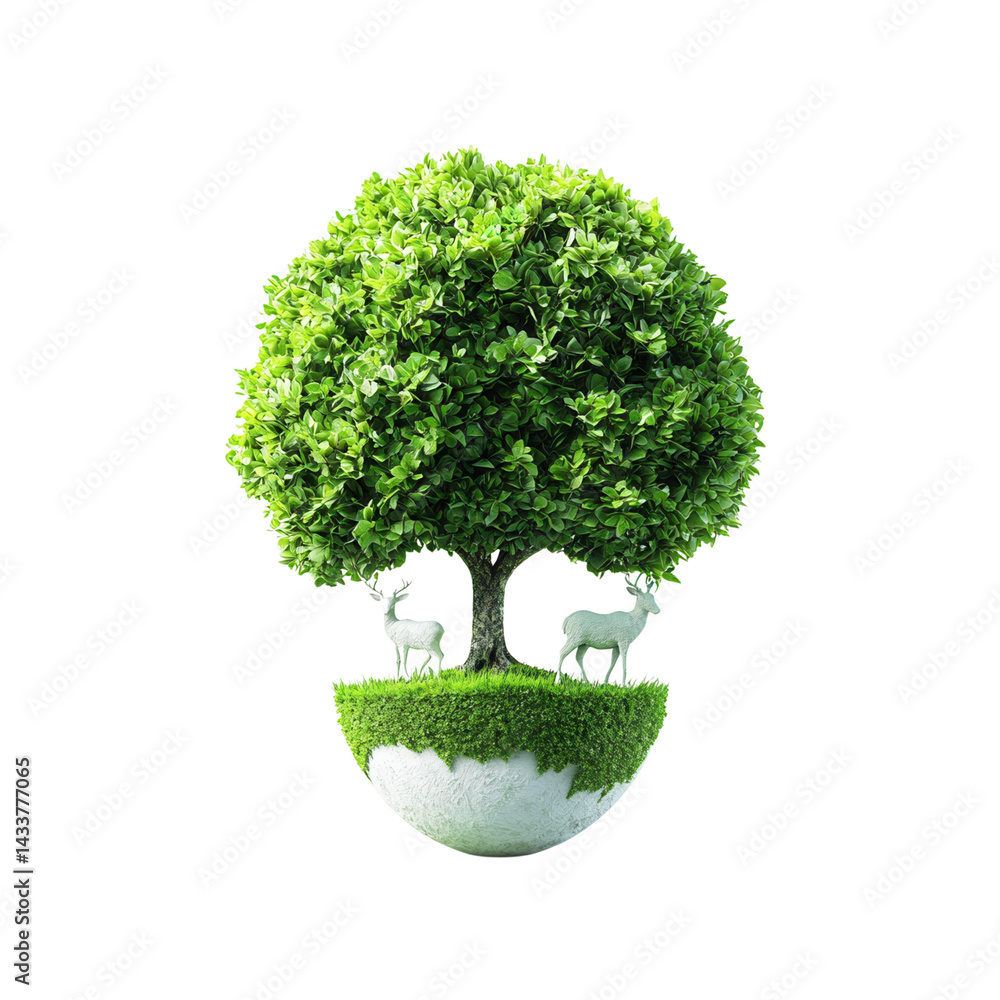 Aufkleber nature conservation concept. a surreal tree with deer in a floating globe of greenery. isolated on w