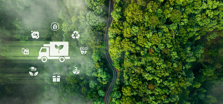 Green logistic or Sustainable transport.Aerial view of road with morning fog and eco-friendly transport icons
