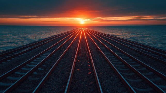 Sunset over railway tracks leading to horizon