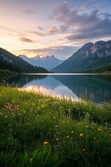 mountains and a lake are in the distance with flowers in the foreground