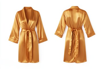Obraz premium Elegant golden-hued robe, tied at the waist, exudes comfort. Shown in front and back views, it's perfect for luxurious relaxation.