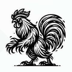 A stylized black and white graphic of a rooster.
