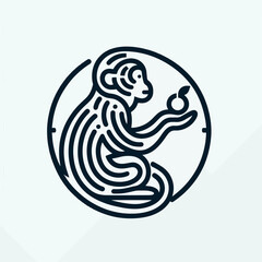 A graphic design of a monkey holding fruit, in a circular frame.