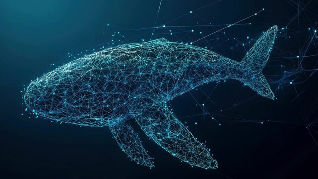 Digital whale wireframe blue glowing abstract technology ocean network futuristic animal, creative underwater polygon science data marine aquatic innovation cyber artificial intelligence 3D mesh