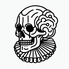A black and white line art illustration of a skull wearing a decorative ruff.