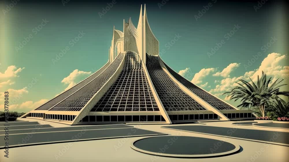 Poster retrofuturistic landscape in 80s sci-fi style. retro science fiction scene with futuristic buildings