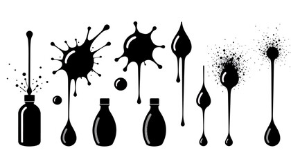 Black Ink Splatters and Liquid Drips_Vector Illustration of Paint Spill and Droplets_Grunge Design Elements for Creative Projects and Graphic Design_Artistic Inkblots