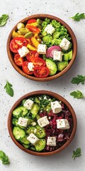 Two vibrant salads in wooden bowls, featuring fresh vegetables and feta cheese, garnished with herbs on a textured surface.