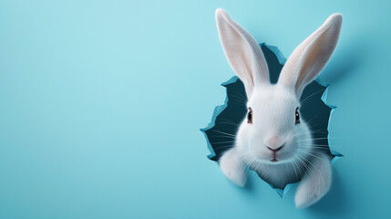 Obraz premium 3D rabbit head breaking through blue wall with copy space