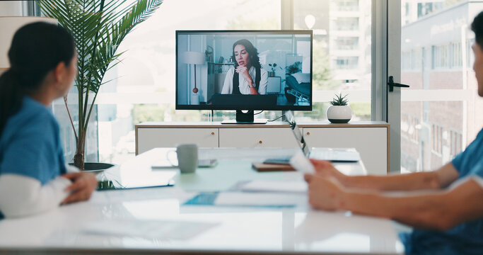 Computer, screen and nurses in meeting for learning, video call and listening to administrator in clinic. Monitor, education or webinar for schedule of training session, intern or people in hospital