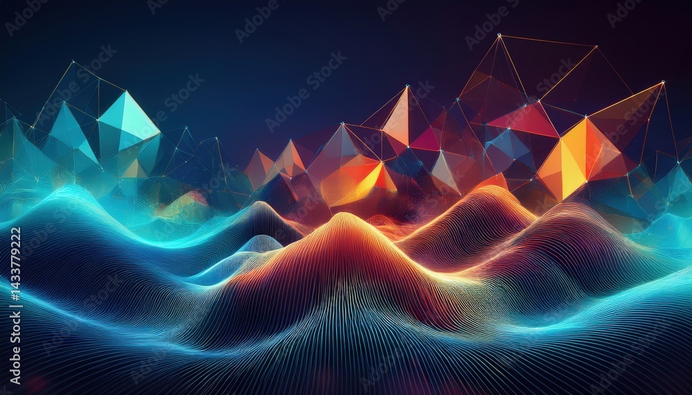 Poster dynamic geometric wave patterns digital art abstract landscape vibrant color palette futuristic pers