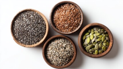 Assortment of Organic Seeds in Wooden Bowls on White Background for Healthy Lifestyle