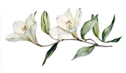 Delicate Watercolor Painting of Off White Flowers and Green Leaves
