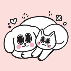 Cute cat and dog cartoon digital line drawing element.