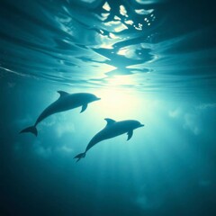Fototapeta premium Oceanic Dolphins: Serene Underwater Silhouette