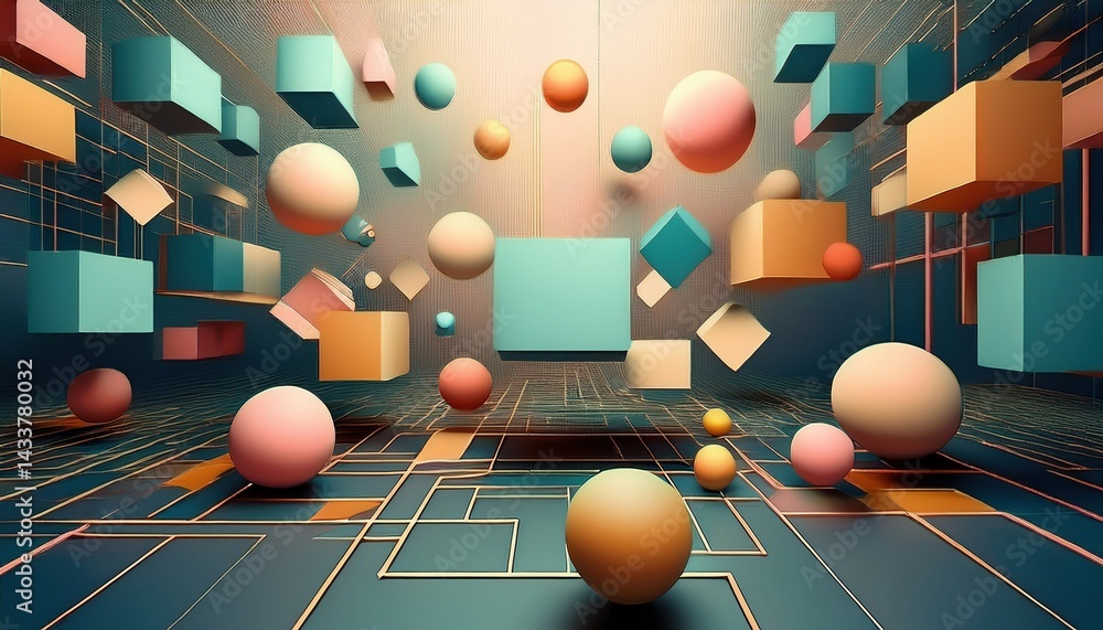 Poster dynamic 3d geometric shapes in abstract digital space creative visual art futuristic environment aer