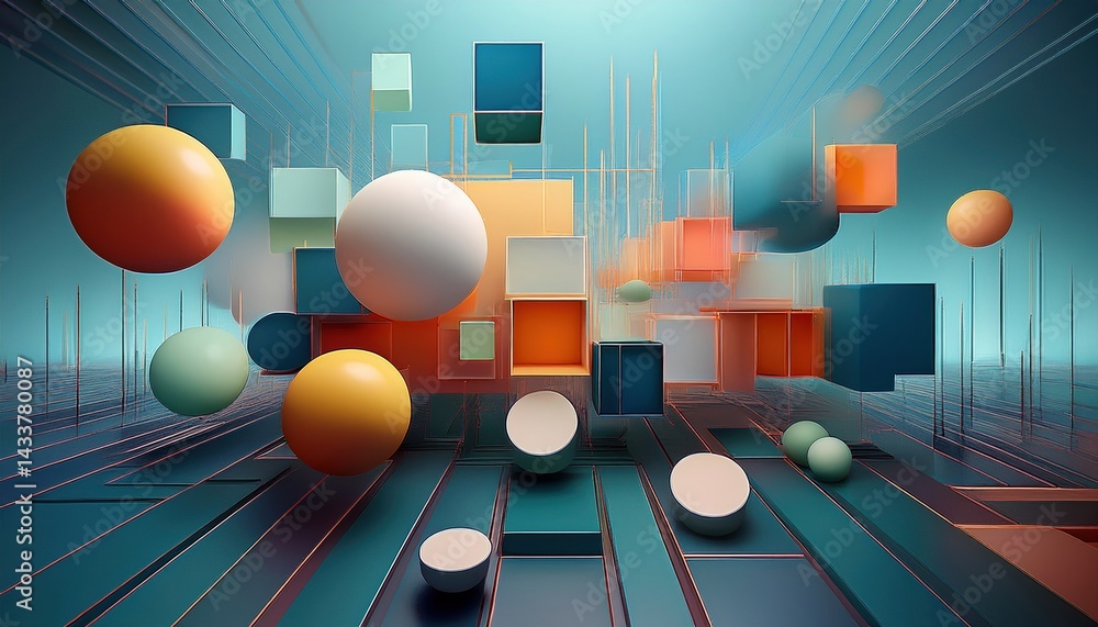 Poster dynamic abstract composition of geometric shapes digital art modern design futuristic environment 3d