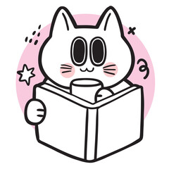 Cute cartoon cat reading book digital line drawing  element.