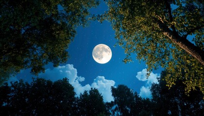 Full moon through the trees at night