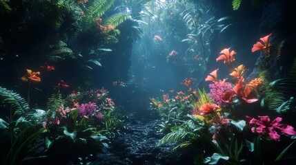 Naklejka premium Luminous Floral Path In A Dark Jungle