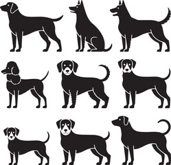 Nine Black Silhouettes of Various Dog Breeds