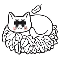 Cute cartoon cat and leaf digital line drawing  element.