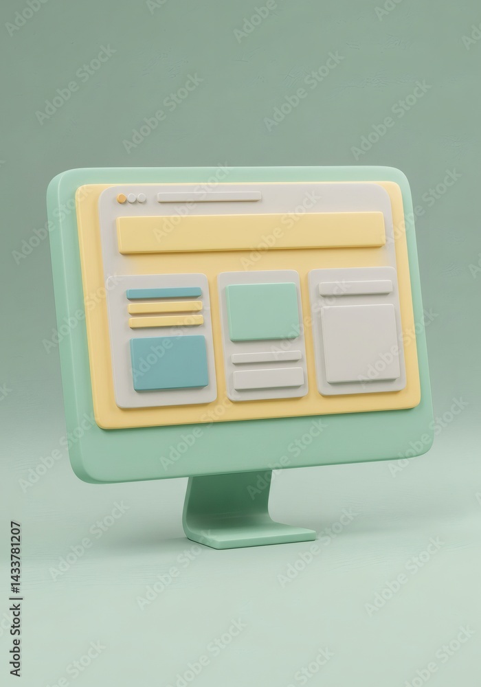 Poster pastel toned computer screen displaying a simplified content layout concept