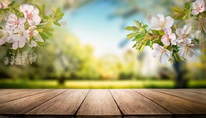 spring summer soft background with flowers and wooden table for product presentation