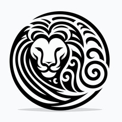 A tribal-style illustration of a lion's head in a circular frame.