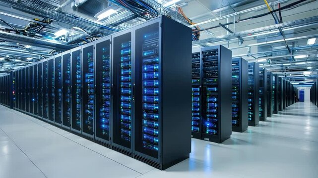Modern data center with rows of illuminated server racks, advanced network cables, and bright lighting, showcasing high technology, secure infrastructure, high performance computing, digital storage - Powered by Adobe
