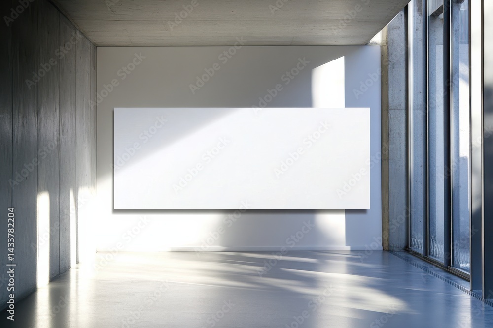 Poster minimalist interior with blank canvas on wall and sunlight streaming through windows creates a seren