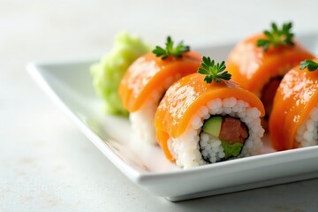 Elegant sushi arrangement on white background, roll, ramen, seafood