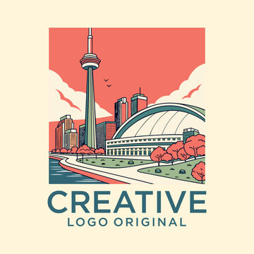 Vector illustration of Toronto, monochrome horizontal poster with linear design famous toronto city scape