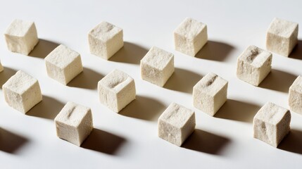 Fototapeta premium Sugar Cubes Arranged in a Linear Pattern on a Clean Surface with Soft Shadows