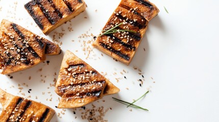 Grilled Tofu with Sesame Seeds on a Light Background for Culinary and Food Photography Use